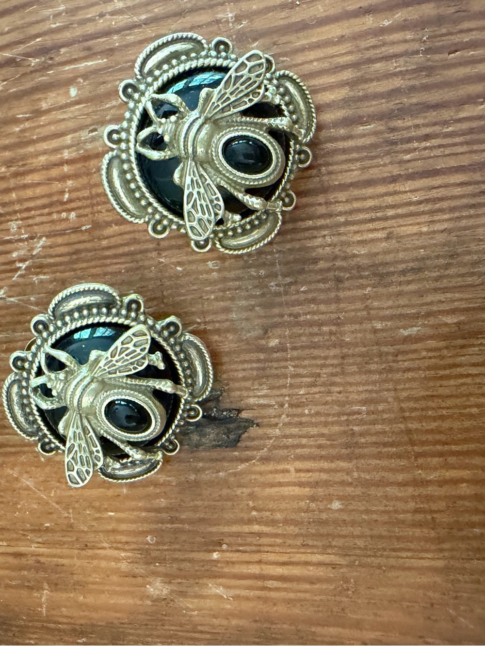 Gold Bee Statement Earrings with Black Cabochon
